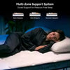 Woman lying on a mattress with text about multi-zone support system for different sleeping positions.